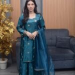 Teal Blue Katan Silk Embroidered Shalwar Kameez with Organza Dupatta