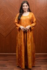 Royal Orange Katan Silk Maxi Dress with Delicate Embroidery – For Weddings & Special Occasions