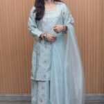 Light Sky Blue Katan Silk Embroidered Shalwar Kameez with Organza Dupatta