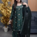 Elegant Green Katan Silk Embroidered Maxi Dress with Dupatta