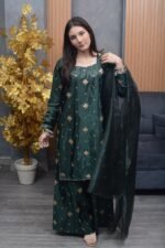 Elegant Green Katan Silk Embroidered Maxi Dress with Dupatta
