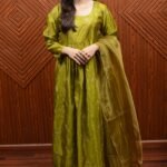 Elegant Green Katan Silk Maxi Dress with Embroidery – Perfect for Festive Occasions