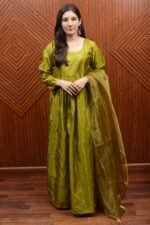Elegant Green Katan Silk Maxi Dress with Embroidery – Perfect for Festive Occasions