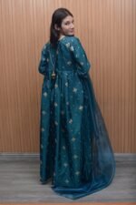 Teal Blue Katan Silk Embroidered Maxi Dress with Organza Dupatta - Image 5