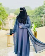 Grey-Blue Embroidered Abaya with Black Niqab | Modest Islamic Wear by Libaas e Haya
