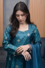Teal Blue Katan Silk Embroidered Shalwar Kameez with Organza Dupatta - Image 2