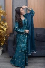 Teal Blue Katan Silk Embroidered Shalwar Kameez with Organza Dupatta - Image 3