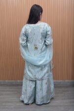 Light Sky Blue Katan Silk Embroidered Shalwar Kameez with Organza Dupatta - Image 4