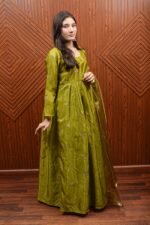 Elegant Green Katan Silk Maxi Dress with Embroidery – Perfect for Festive Occasions - Image 4