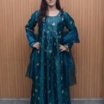 Teal Blue Katan Silk Embroidered Maxi Dress with Organza Dupatta