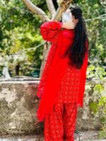 Bright Red Dress with White Print | Traditional Casual Wear by Libas e Haya - Image 3