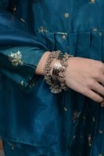 Teal Blue Katan Silk Embroidered Maxi Dress with Organza Dupatta - Image 2