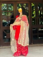 red muticolour Sharaara with Golden embroidery Duptta - Image 2