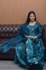 Teal Blue Katan Silk Embroidered Maxi Dress with Organza Dupatta - Image 4
