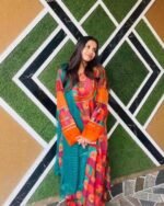 Pink, teal blue, orange,