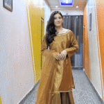 Golden Silk 3-Piece Suit with Wide Leg Trouser & Dupatta – Classic Festive Wear | Libaas-e-Haya