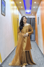 Golden Silk 3-Piece Suit with Wide Leg Trouser & Dupatta – Classic Festive Wear | Libaas-e-Haya