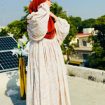 Cream & Pink Leaf Pattern Abaya | Elegant Modest Wear by Libaas-e-Haya