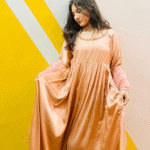 Peach Silk Maxi Dress – Elegant Flowing Party Wear | Libaas-e-Haya