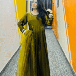 Olive Green Silk Maxi Dress with Dupatta – Elegant Festive Wear | Libaas-e-Haya