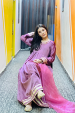 Rose Plum Silk Maxi Dress with Pink Organza Dupatta – Soft & Elegant Festive Wear | Libaas-e-Haya