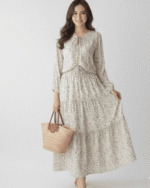 Ivory Floral Two-Piece Set – Tie-Front Shirt & Tiered Maxi Skirt | Libas-e-Haya