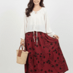 White Tie-Front Shirt & Maroon Floral Maxi Skirt Set – Elegant Modest Two-Piece Outfit | Libas-e-Haya