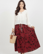 White Tie-Front Shirt & Maroon Floral Maxi Skirt Set – Elegant Modest Two-Piece Outfit | Libas-e-Haya
