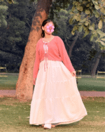 Blush Peach Tie-Front Shrug & White Tiered Maxi Dress – Libas-e-Haya