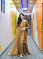Golden Silk 3-Piece Suit with Wide Leg Trouser & Dupatta – Classic Festive Wear | Libaas-e-Haya - Image 2