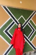 Bright Red Dress with White Print | Traditional Casual Wear by Libas e Haya - Image 4